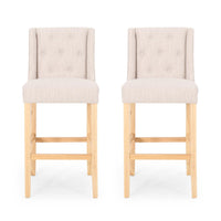Seliva Barstool Chair Set of 2, Beige Fabric, Tufted Back, Brown Rubberwood