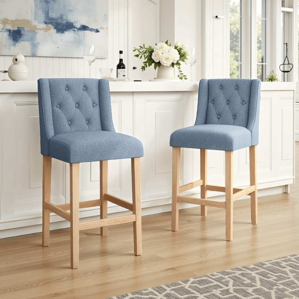 Seliva Barstool Chair Set of 2, Navy Blue Fabric, Tufted Back, Black Wood -BM323407