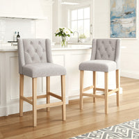 Seliva Counter Stool Chair Set of 2, Light Gray Fabric, Tufted, Brown Wood -BM323408