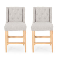 Seliva Counter Stool Chair Set of 2, Light Gray Fabric, Tufted, Brown Wood -BM323408