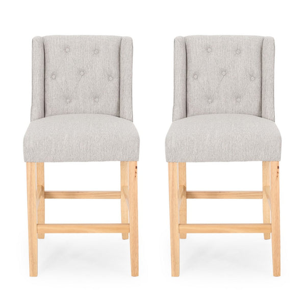 Seliva Counter Stool Chair Set of 2, Light Gray Fabric, Tufted, Brown Wood -BM323408