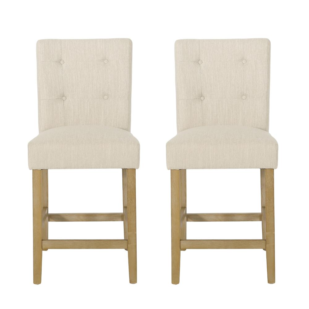 Sika Counter Stool Chair Set of 2, Button Tufted Beige Fabric, Brown Wood -BM323409