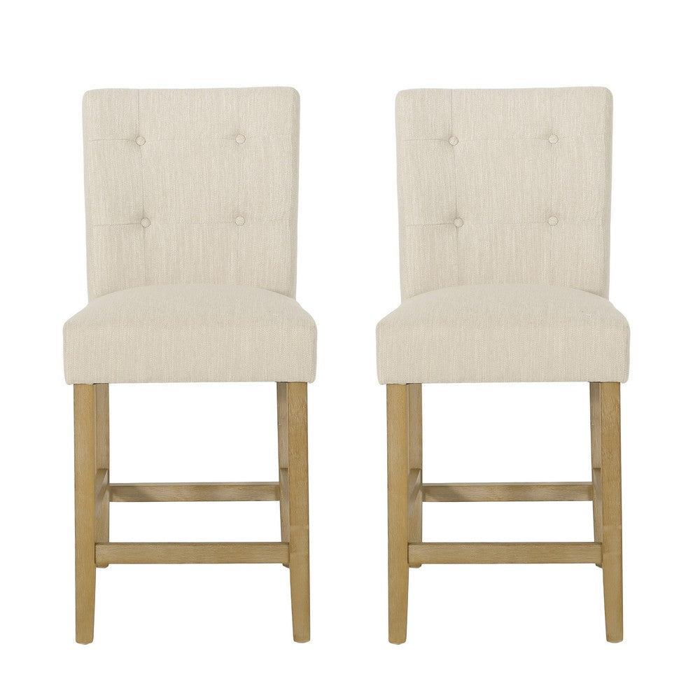Sika Counter Stool Chair Set of 2, Button Tufted Beige Fabric, Brown Wood -BM323409