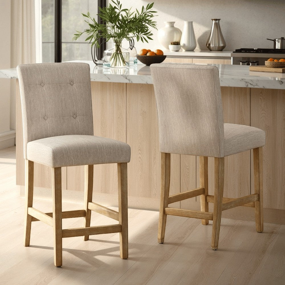 Sika Counter Stool Chair Set of 2, Button Tufted Beige Fabric, Brown Wood -BM323409