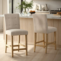 Sika Counter Stool Chair Set of 2, Button Tufted Beige Fabric, Brown Wood -BM323409