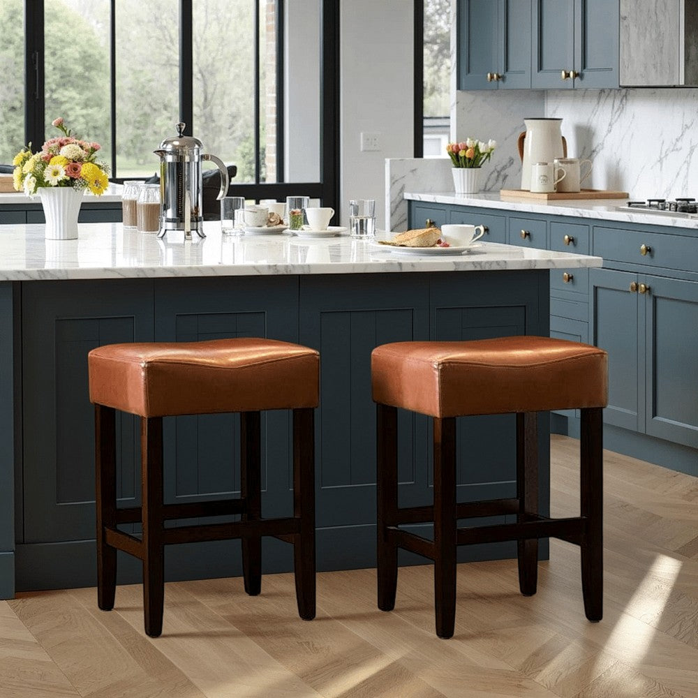 Piya Counter Stool Set of 2, Backless, Brown Bonded Leather, Black Legs -BM323414