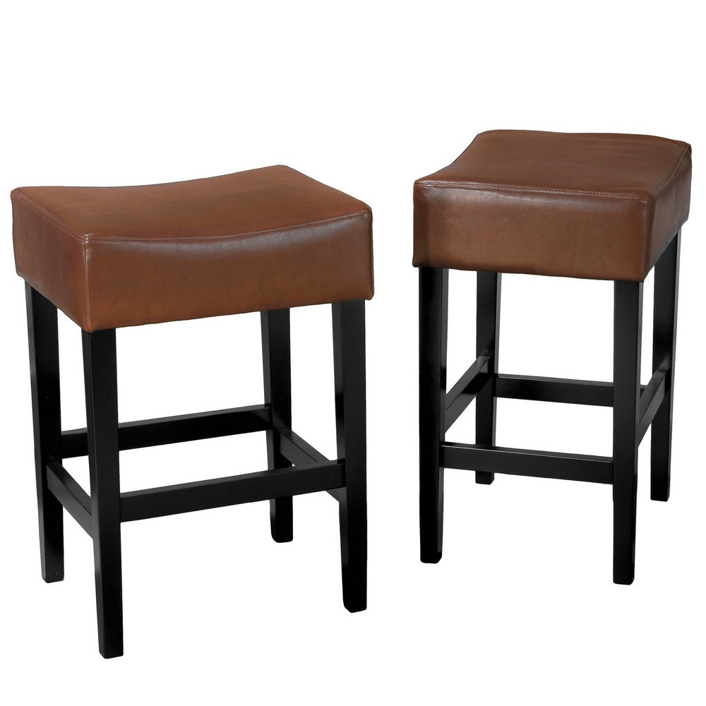 Piya Counter Stool Set of 2, Backless, Brown Bonded Leather, Black Legs -BM323414