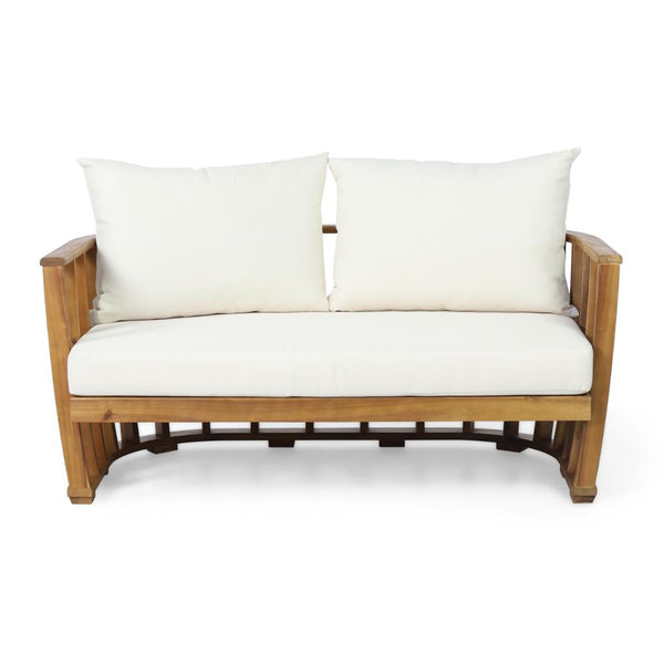 Cloe 2pc Outdoor Loveseat and Coffee Table Set, Beige, Brown Acacia Wood -BM323420