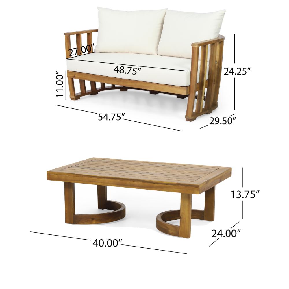 Cloe 2pc Outdoor Loveseat and Coffee Table Set, Beige, Brown Acacia Wood -BM323420