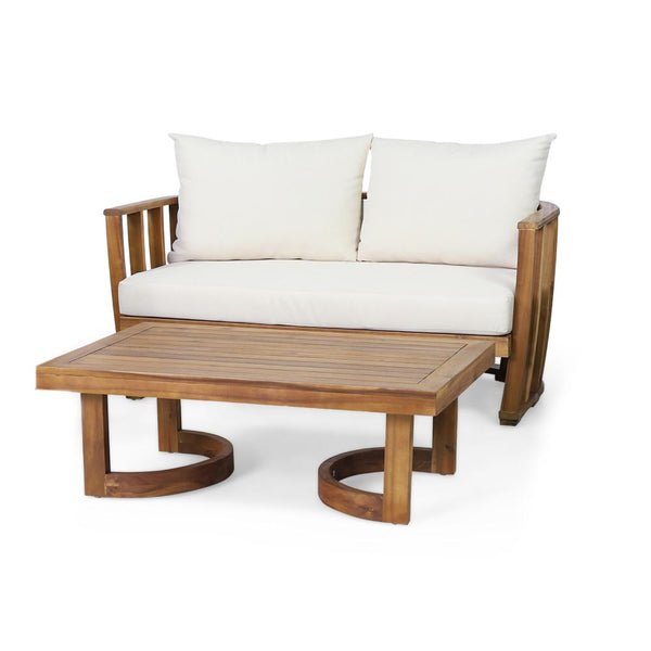 Cloe 2pc Outdoor Loveseat and Coffee Table Set, Beige, Brown Acacia Wood