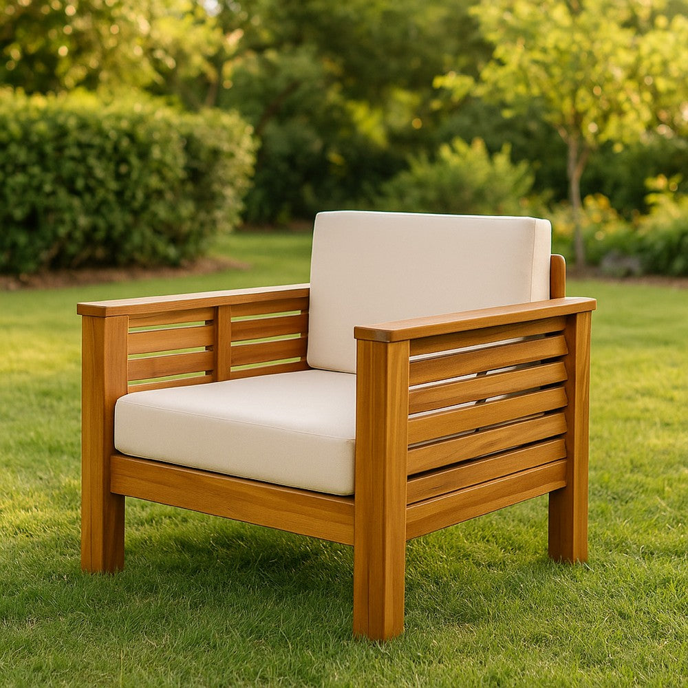 Siyal Outdoor Club Accent Chair Set of 2, Soft Beige, Brown Acacia Wood -BM323422