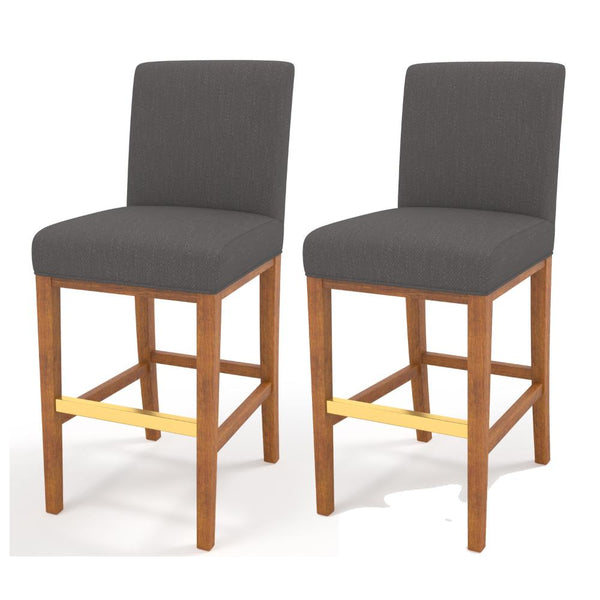Leman Barstool Chair, Dark Gray, Brown Solid Wood, Gold Metal Footrest