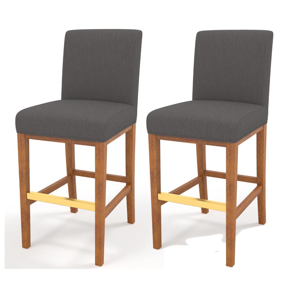 Leman Barstool Chair Set of 2, Dark Gray, Brown Solid Wood, Metal Footrest