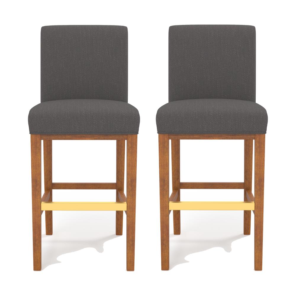 Leman Barstool Chair Set of 2, Dark Gray, Brown Solid Wood, Metal Footrest -BM323424