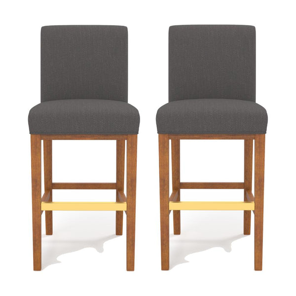 Leman Barstool Chair Set of 2, Dark Gray, Brown Solid Wood, Metal Footrest -BM323424
