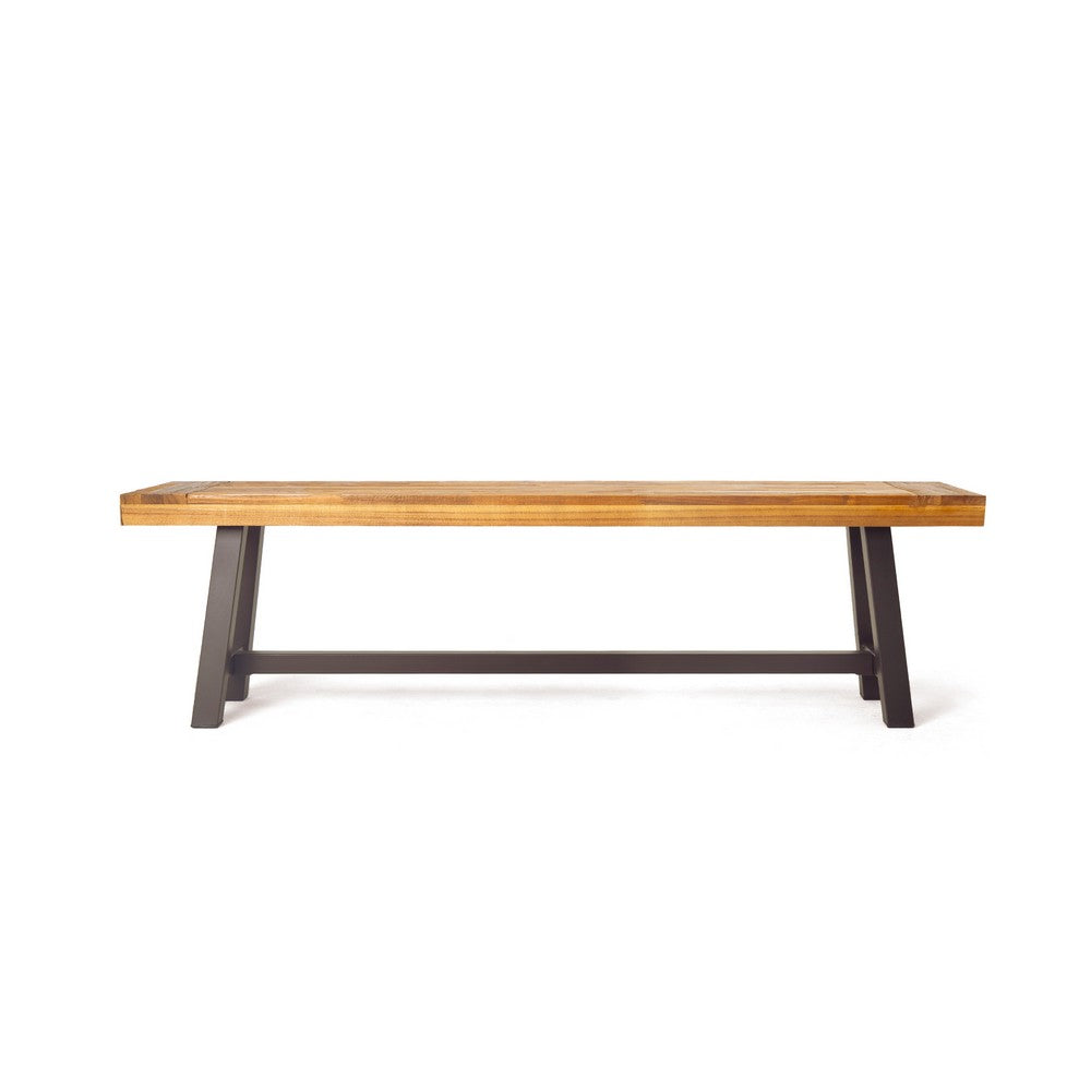 Leslee Outdoor Bench Set of 2, Light Brown Wood, Black Metal, 63 Inch -BM323432