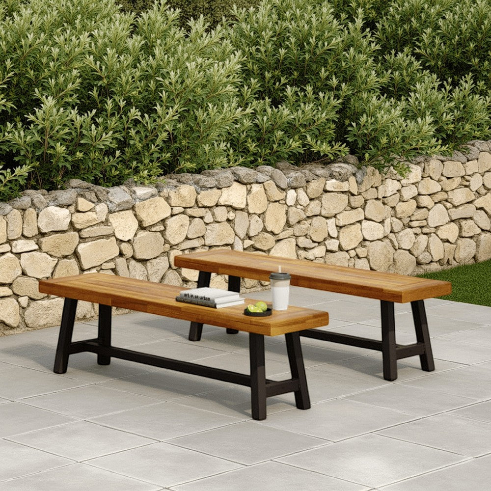 Leslee Outdoor Bench Set of 2, Light Brown Wood, Black Metal, 63 Inch -BM323432