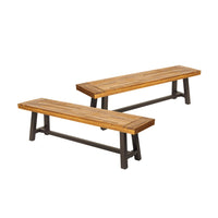 Leslee Outdoor Bench Set of 2, Light Brown Wood, Black Metal, 63 Inch -BM323432