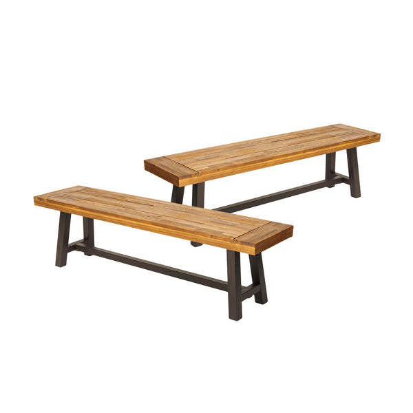 Leslee Outdoor Bench Set of 2, Light Brown Wood, Black Metal, 63 Inch -BM323432