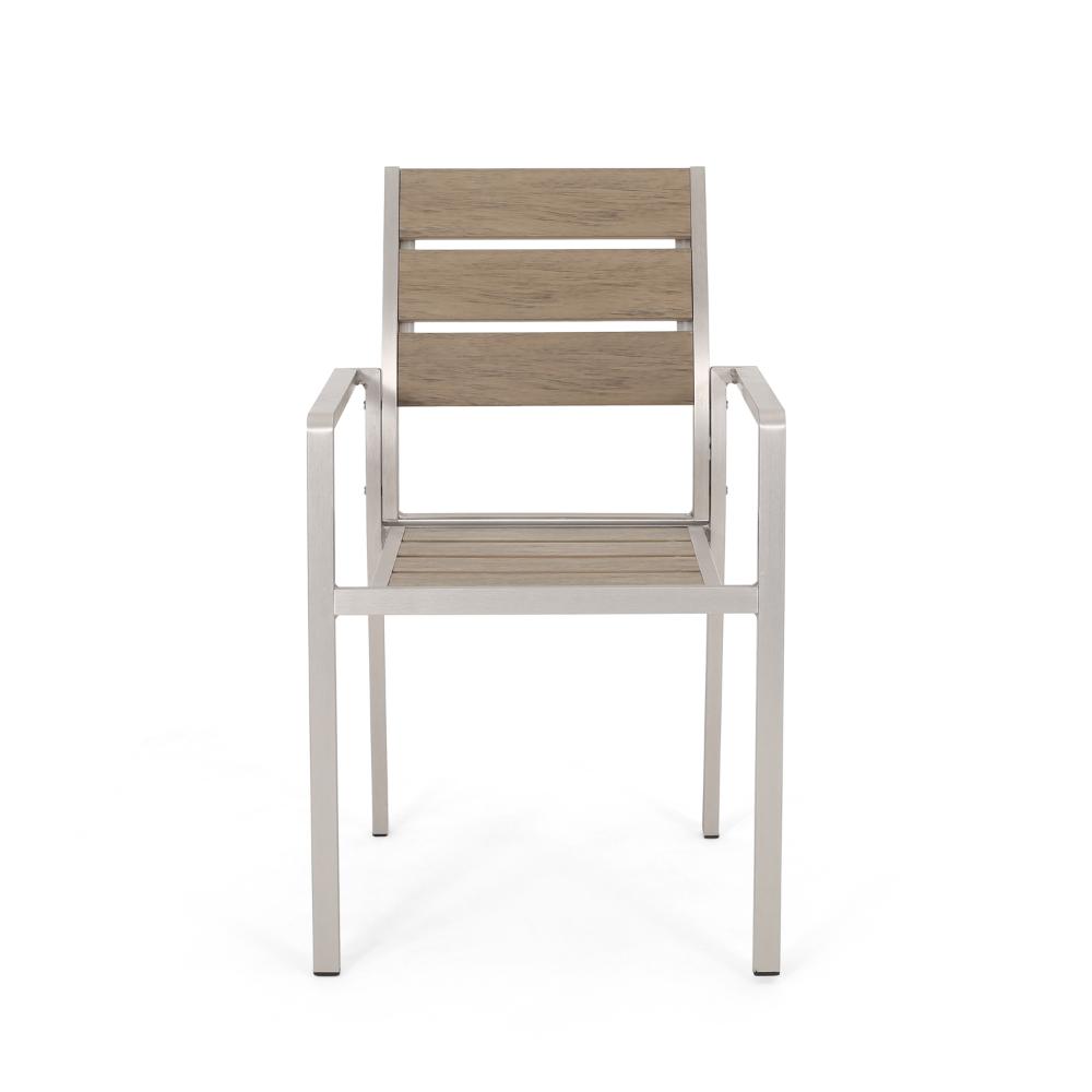 Remo Dining Chair Set of 2, Outdoor Brown Faux Wood Seat, Silver Metal -BM323434