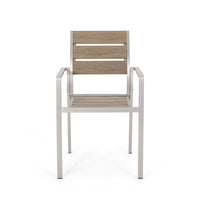 Remo Dining Chair Set of 2, Outdoor Brown Faux Wood Seat, Silver Metal -BM323434