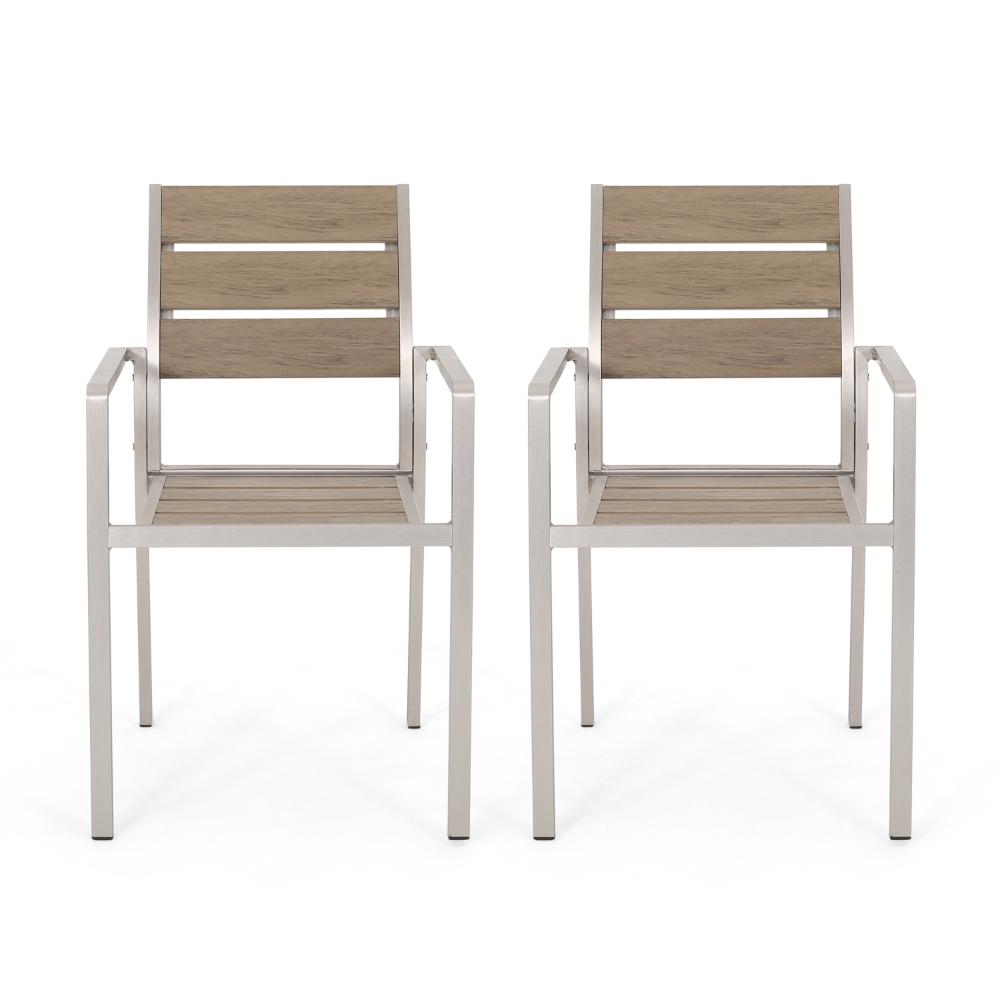 Remo Dining Chair Set of 2, Outdoor Brown Faux Wood Seat, Silver Metal