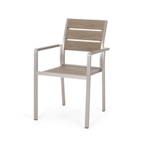 Remo Dining Chair Set of 2, Outdoor Brown Faux Wood Seat, Silver Metal -BM323434