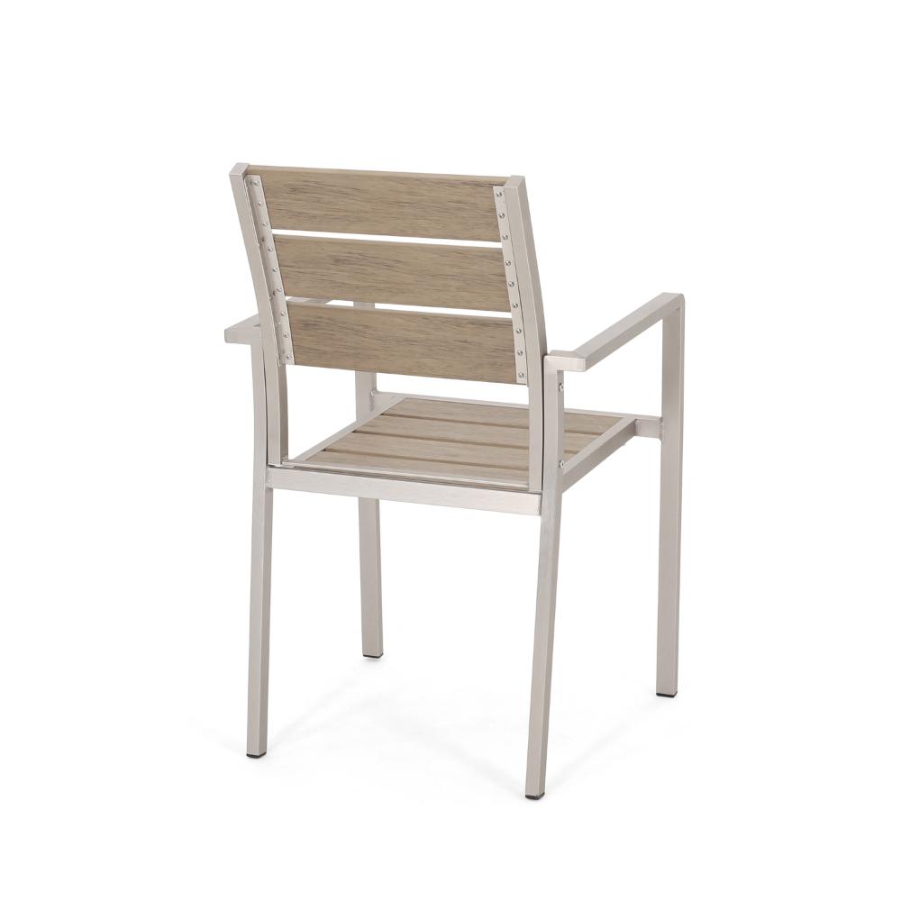 Remo Dining Chair Set of 2, Outdoor Brown Faux Wood Seat, Silver Metal -BM323434