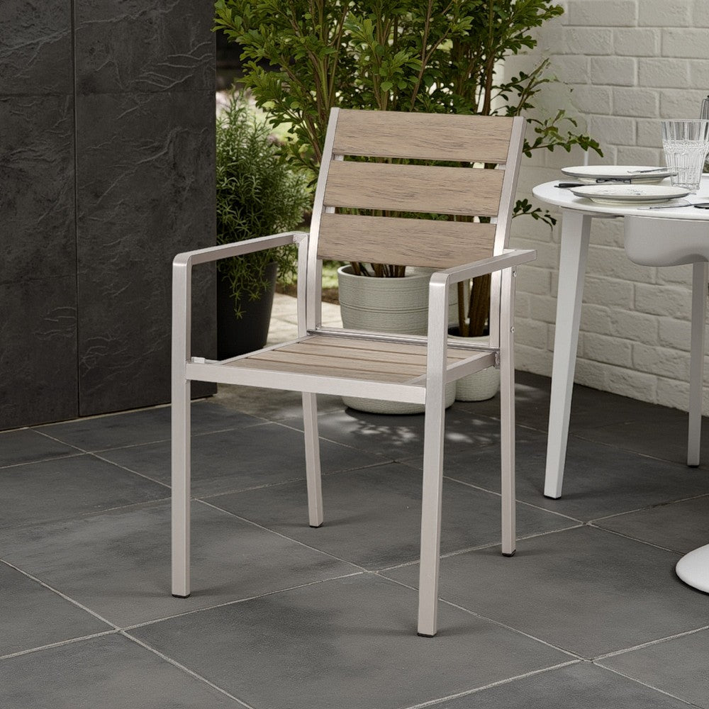 Remo Dining Chair Set of 2, Outdoor Brown Faux Wood Seat, Silver Metal -BM323434