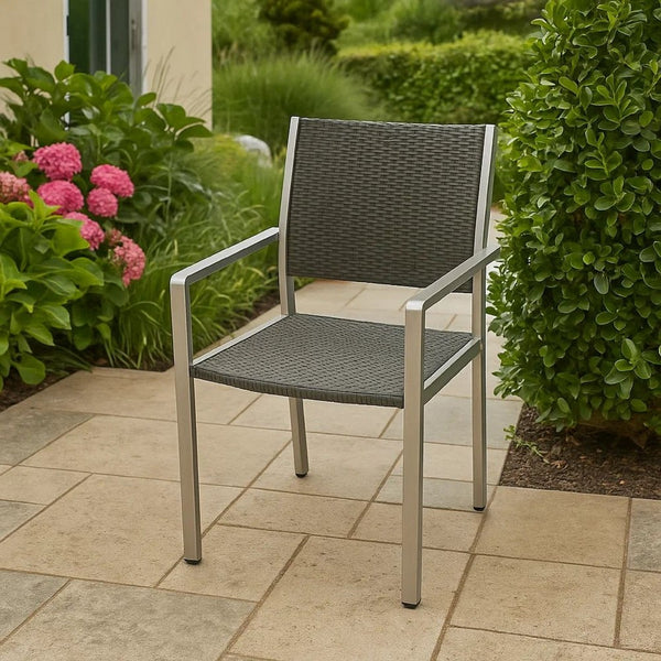 Kory Dining Chair Set of 2, Outdoor Woven Black Wicker Seat, Back, Gray -BM323435