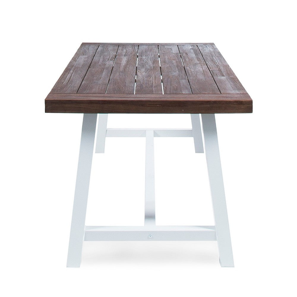 Nikay Outdoor Dining Table, Dark Brown Acacia Wood, White Iron, 71 Inch -BM323438