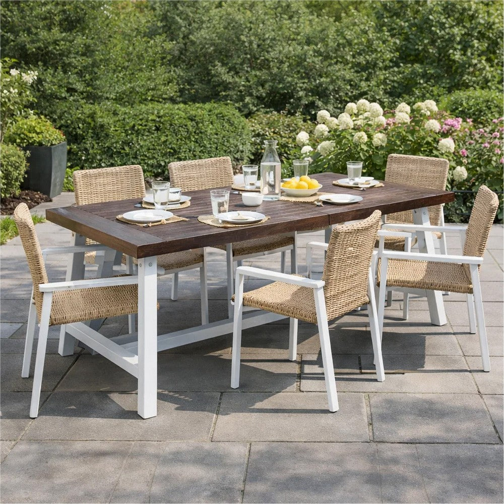 Nikay Outdoor Dining Table, Dark Brown Acacia Wood, White Iron, 71 Inch -BM323438