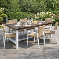 Nikay Outdoor Dining Table, Dark Brown Acacia Wood, White Iron, 71 Inch -BM323438