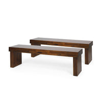 Gidi Dining Bench Set of 2, Dark Brown Acacia Wood, Heavy Solid Wood Legs