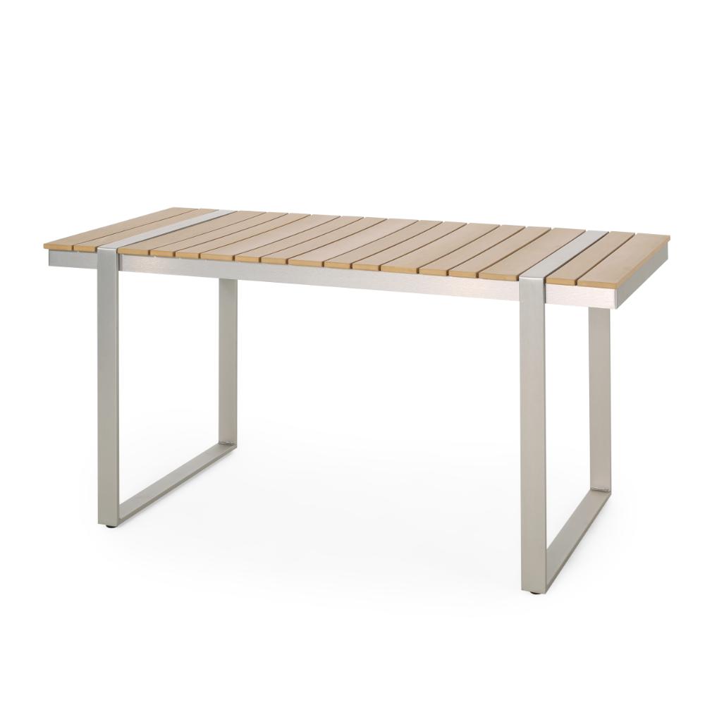 Ferry Outdoor Dining Table, Brown Rectangular 63 Inch Wood, Silver Metal