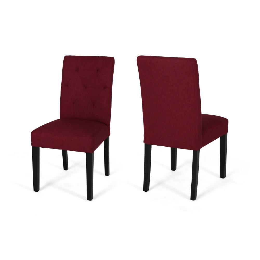 Lucie Dining Chair Set of 2, Diamond Tufted Red Fabric, Black Wood