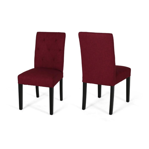 Lucie Dining Chair Set of 2, Diamond Tufted Red Fabric, Black Wood