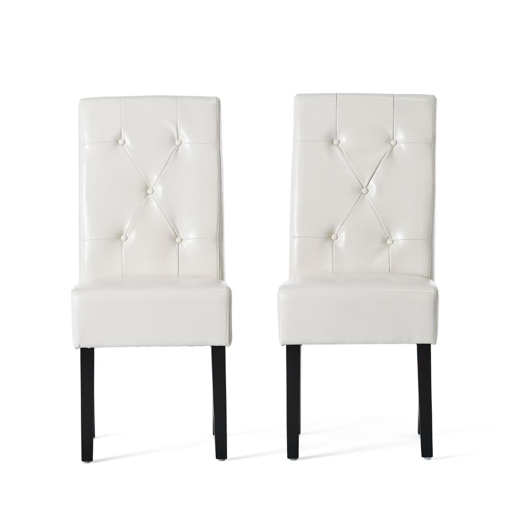 Alina Dining Chair Set of 2, Tufted Ivory Bonded Leather, Black Wood -BM323569