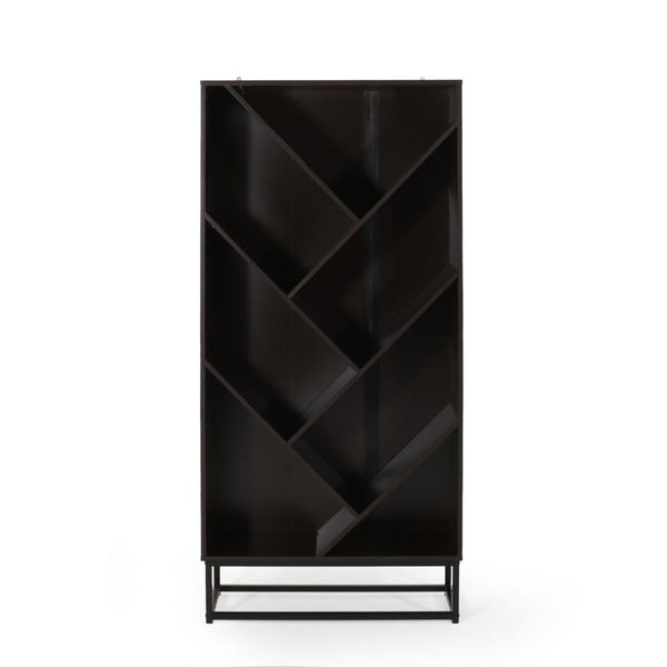 Ruby Bookcase, 5 V Angled Geometric Shelves, 65 Inch Dark Gray Wood -BM323571