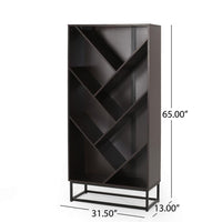 Ruby Bookcase, 5 V Angled Geometric Shelves, 65 Inch Dark Gray Wood -BM323571