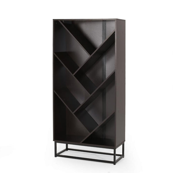 Ruby Bookcase, 5 V Angled Geometric Shelves, 65 Inch Dark Gray Wood