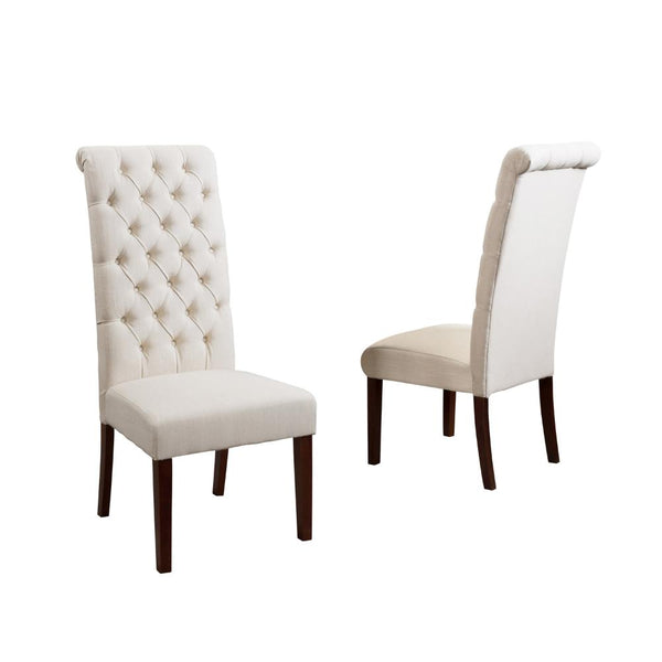 Marie Dining Chair Set of 2, Beige, Tufted High Back, Brown Wood