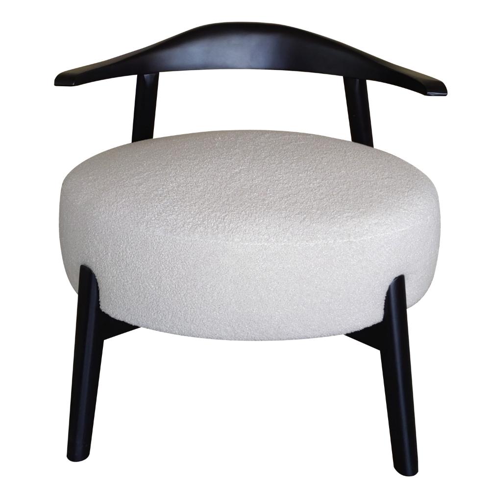 Noel Accent Chair, White Fabric, Round Foam Cushion, Black Wood Frame