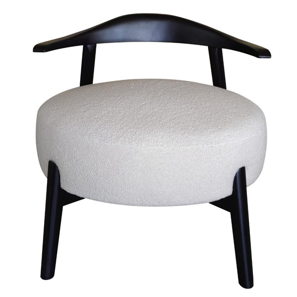 Noel Accent Chair, White Fabric, Round Foam Cushion, Black Wood Frame
