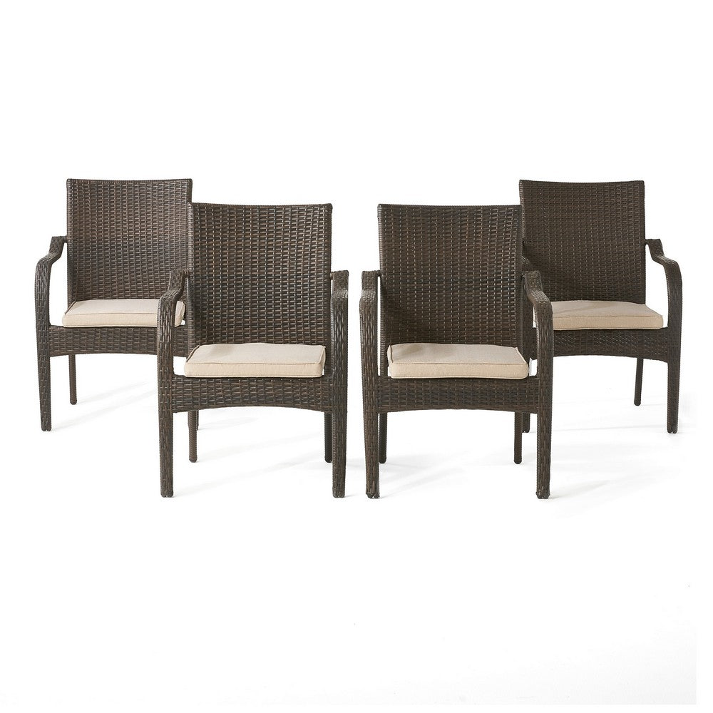 Laila Outdoor Stackable Dining Chair Set of 4, Beige Seat Brown Rattan -BM323581