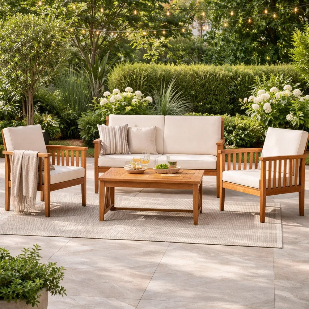 Sayan 4pc Outdoor Coffee Table Set, Loveseat, 2 Chairs, Beige, Brown -BM323582