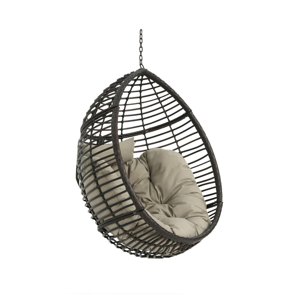 Jaya Outdoor Hanging Chair, Basket Shape, Khaki Brown Rattan, 47 Inch -BM323584