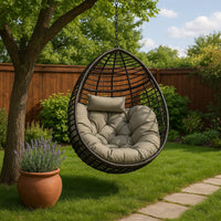 Jaya Outdoor Hanging Chair, Basket Shape, Khaki Brown Rattan, 47 Inch -BM323584