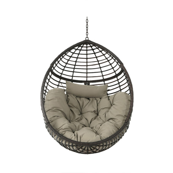 Jaya Outdoor Hanging Chair, Basket Shape, Khaki Brown Rattan, 47 Inch -BM323584