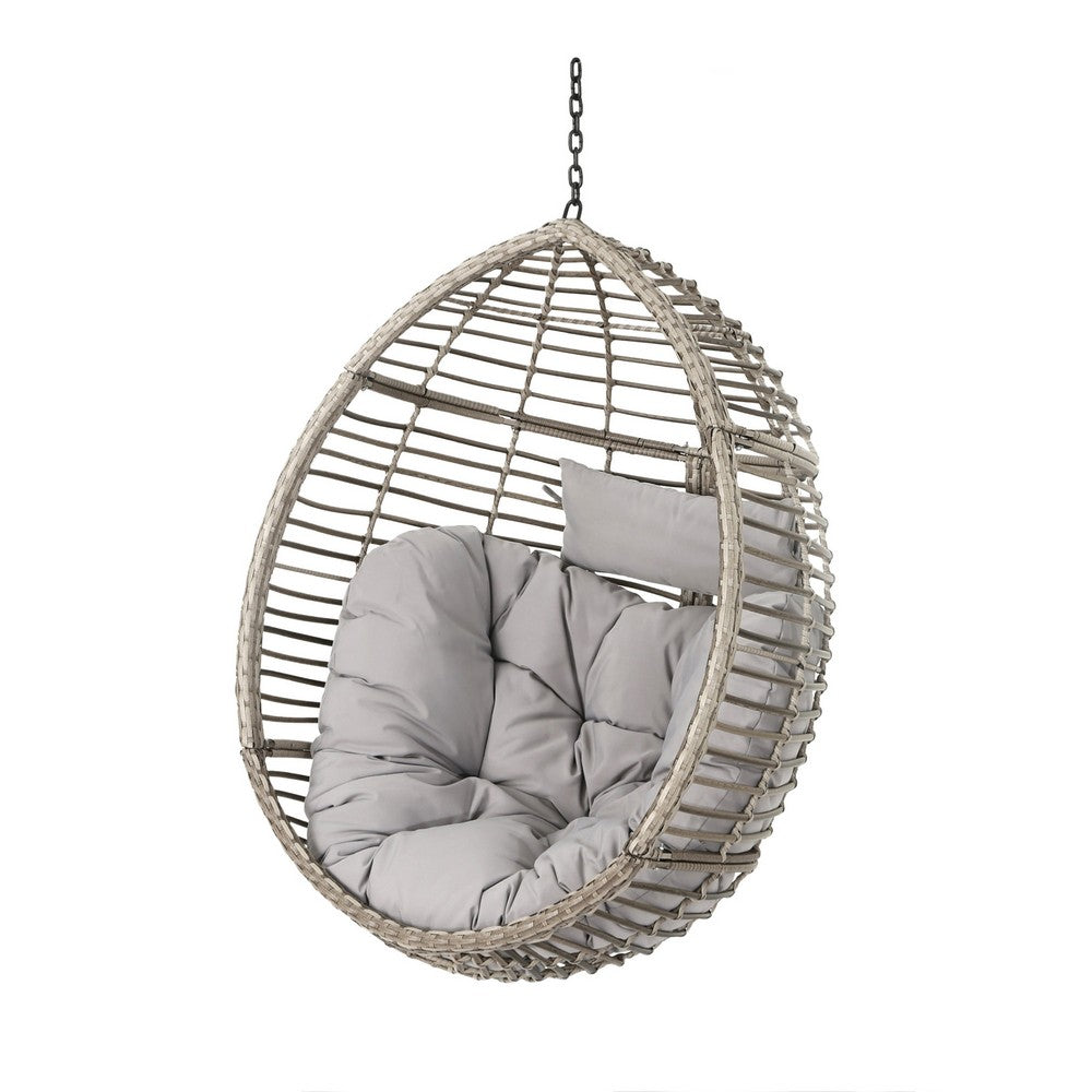 Jaya Outdoor Hanging Chair, Basket Shape, Gray Rattan, Steel, 47 Inch -BM323585